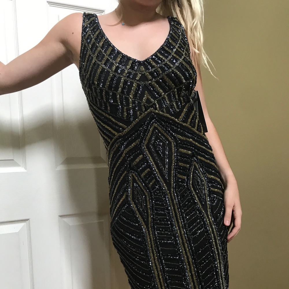 BLACK SEQUIN THEIA COUTURE DRESS